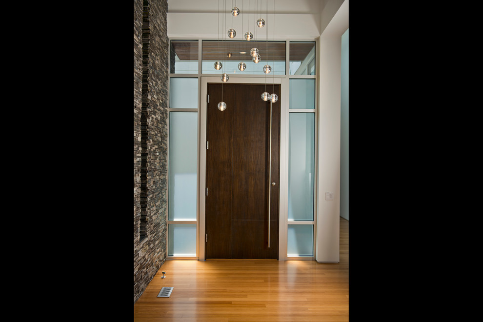 Foto de puerta principal moderna grande con paredes blancas, puerta simple y puerta de madera oscura