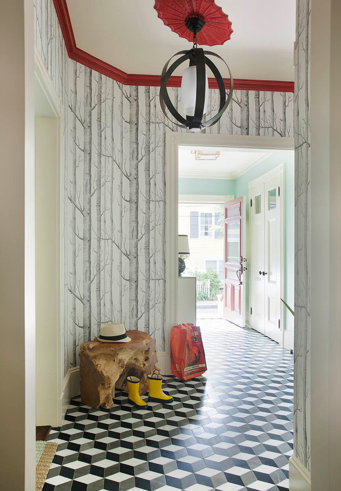 Entryway - large contemporary marble floor entryway idea in Boston with a red front door and black walls