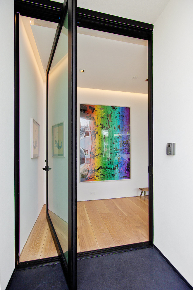 Cette image montre une porte d'entrée design avec un mur blanc, un sol en bois brun, une porte pivot et une porte en verre.