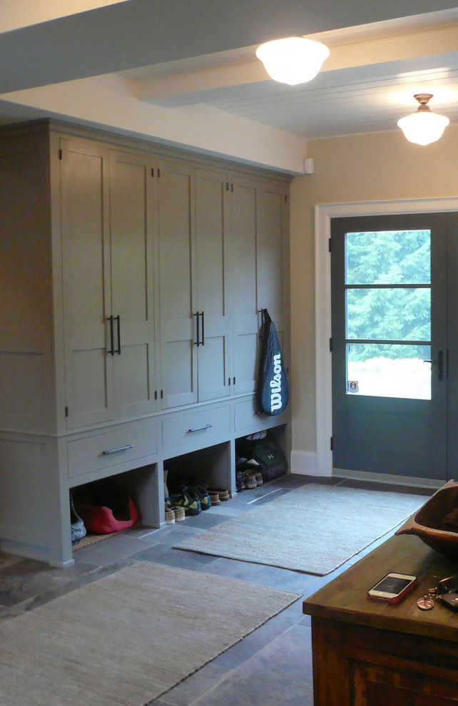 Photo of a medium sized classic boot room in Toronto with beige walls, ceramic flooring, a double front door and a grey front door.