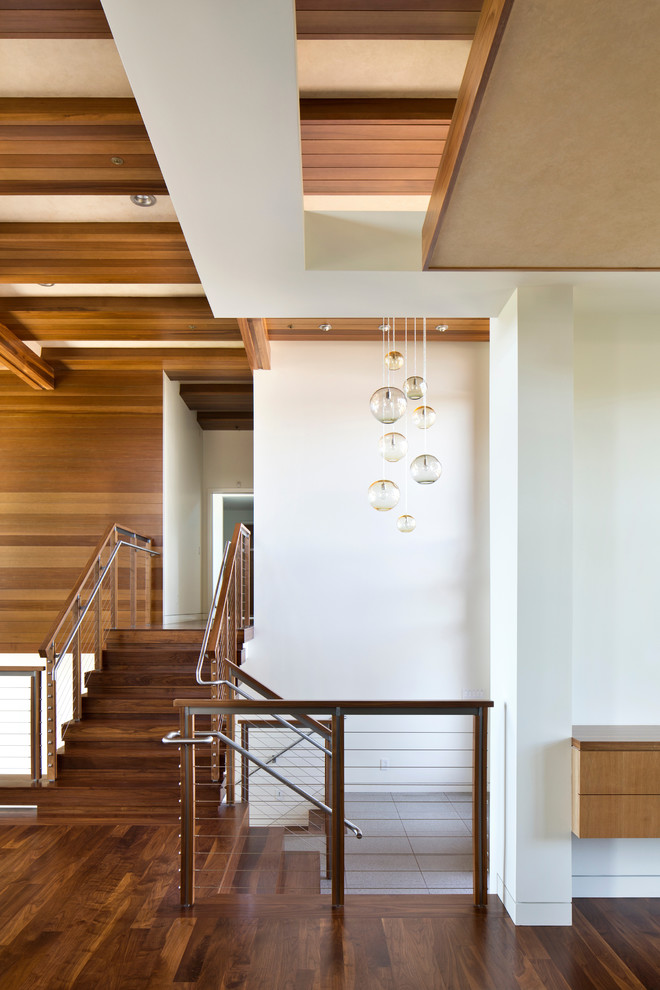 Inspiration for a modern foyer in San Francisco with white walls and dark hardwood flooring.