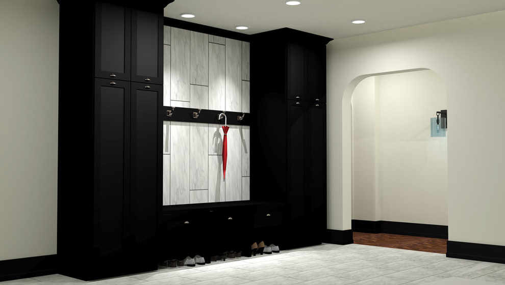 Источник вдохновения для домашнего уюта: фойе среднего размера в стиле модернизм с белыми стенами, мраморным полом, двустворчатой входной дверью и черной входной дверью