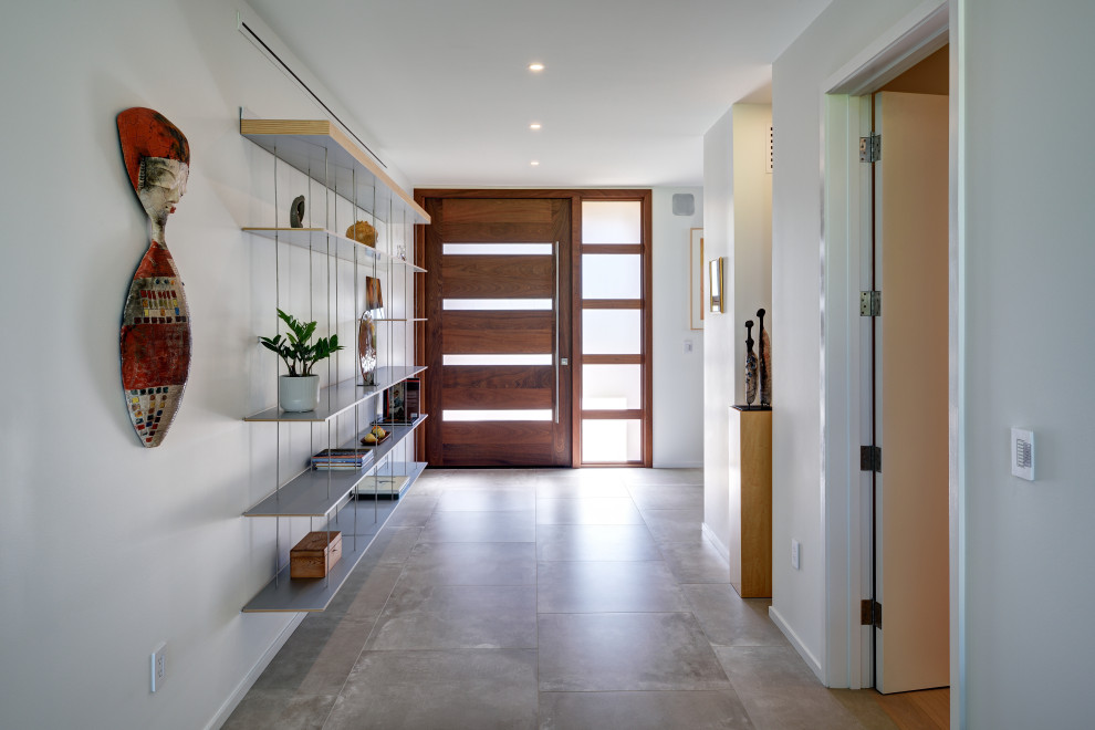 Источник вдохновения для домашнего уюта: большое фойе в современном стиле с белыми стенами, бетонным полом, поворотной входной дверью и входной дверью из дерева среднего тона