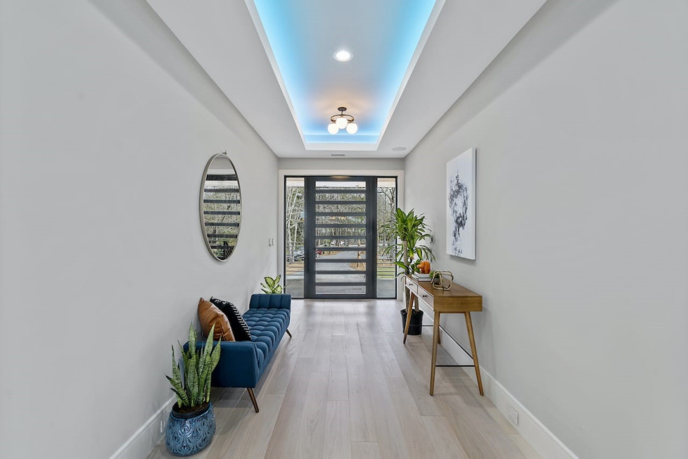Example of a trendy light wood floor entryway design in Charleston with white walls and a black front door