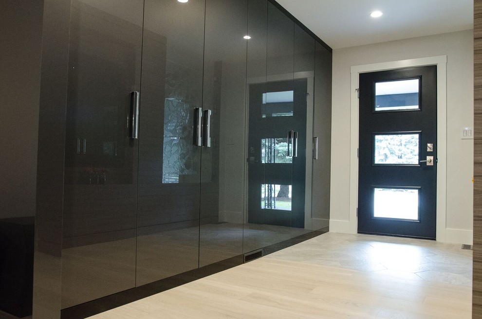 Medium sized contemporary foyer in Other with grey walls, light hardwood flooring, a single front door and a black front door.