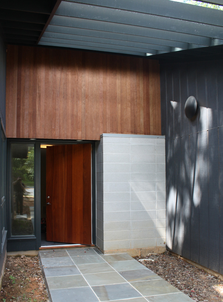 Свежая идея для дизайна: прихожая в стиле модернизм с поворотной входной дверью и входной дверью из темного дерева - отличное фото интерьера