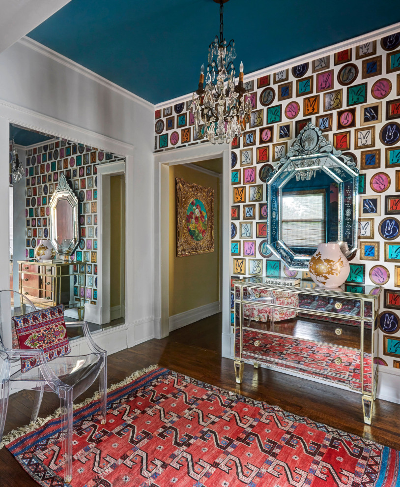 Eclectic foyer in Chicago with multi-coloured walls, dark hardwood flooring, brown floors and wallpapered walls.