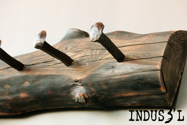 Reclaimed Wood Coatrack Railway Spikes Rustic Entry Montreal by Wood Iron Lamps Houzz NZ