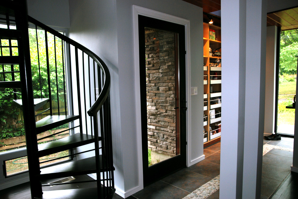 Пример оригинального дизайна: узкая прихожая среднего размера в современном стиле с фиолетовыми стенами, полом из сланца, поворотной входной дверью и стеклянной входной дверью
