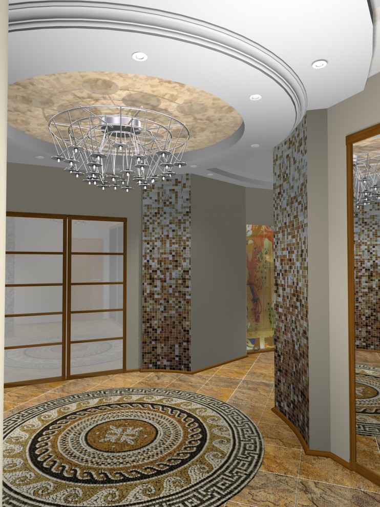 Großes Asiatisches Foyer mit bunten Wänden, Doppeltür, Haustür aus Glas und buntem Boden in Los Angeles
