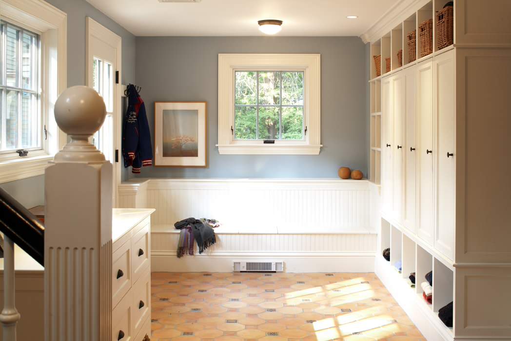 Example of more modern looking beadboard finishing for the interior walls  of the mudroom. Moder…