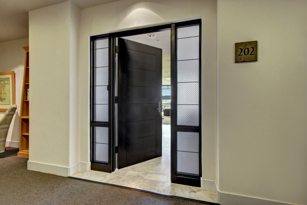 Esempio di una porta d'ingresso minimalista con una porta singola e una porta nera