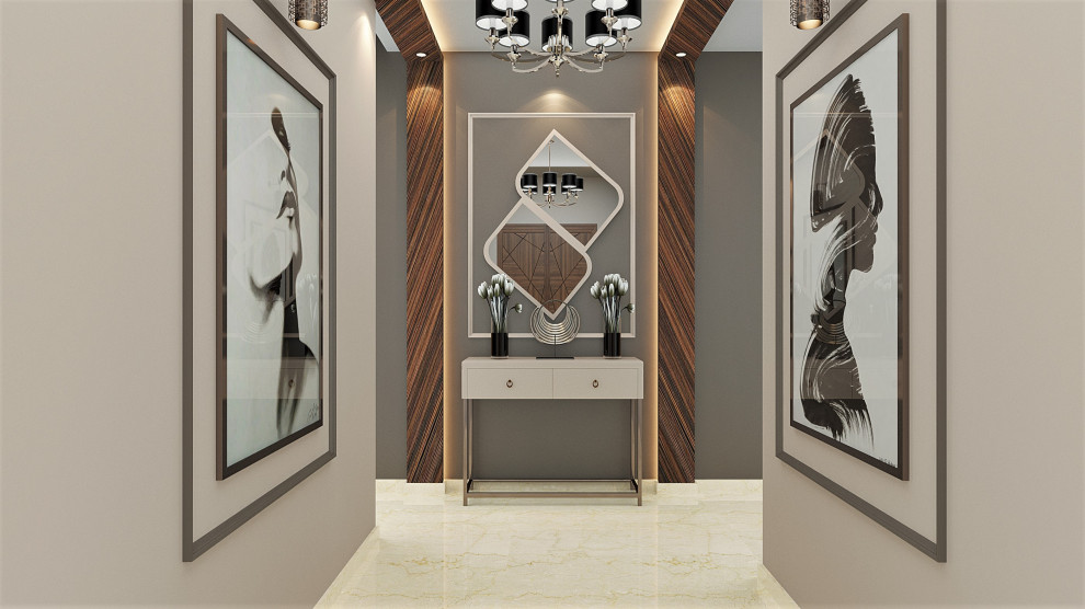 Modernes Foyer mit beiger Wandfarbe, Marmorboden, Einzeltür, beigem Boden, Kassettendecke und Holzwänden in Delhi