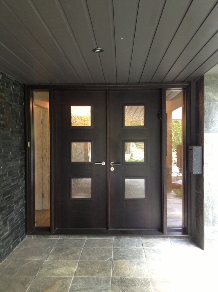 Idee per un ingresso o corridoio minimalista con una porta a due ante e una porta in legno scuro