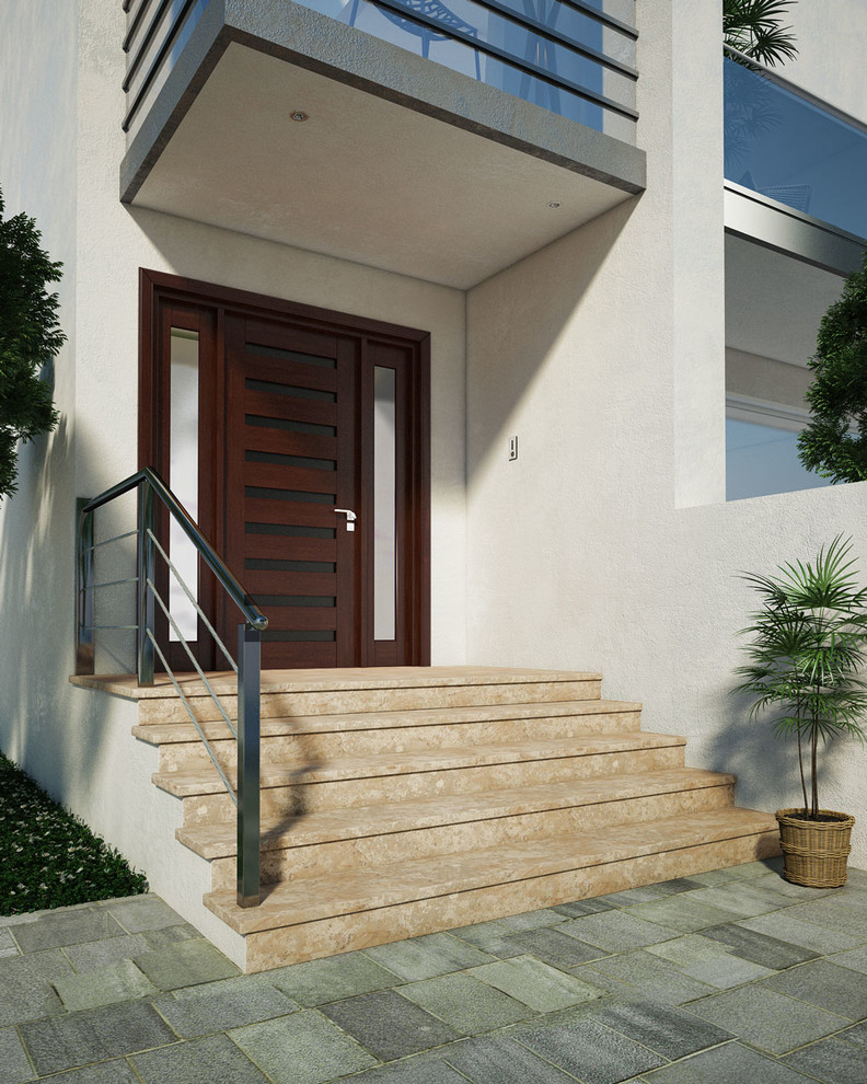 Ejemplo de puerta principal actual de tamaño medio con paredes beige, suelo de cemento, puerta doble y puerta de madera oscura