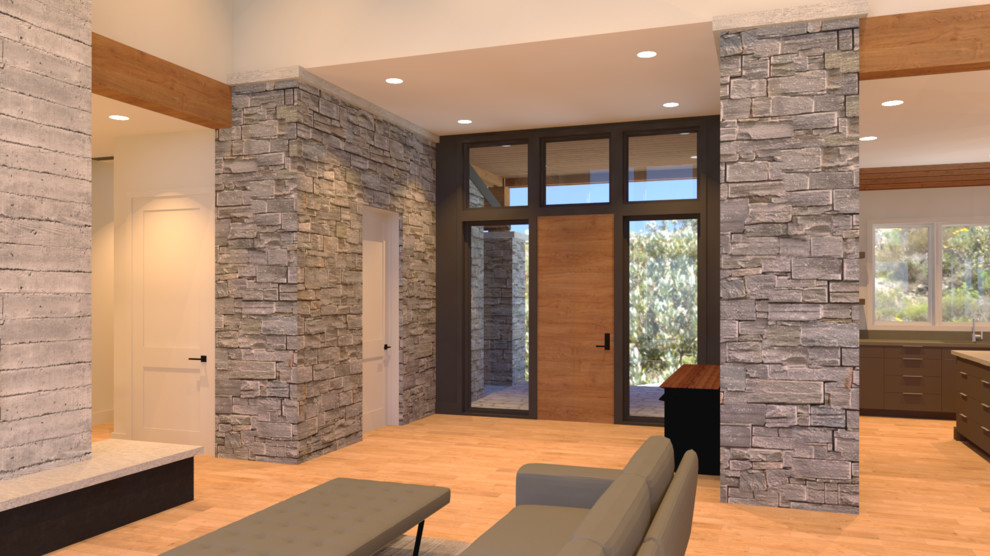 Idées déco pour un hall d'entrée moderne de taille moyenne avec un mur noir, parquet clair, une porte simple et une porte en bois clair.