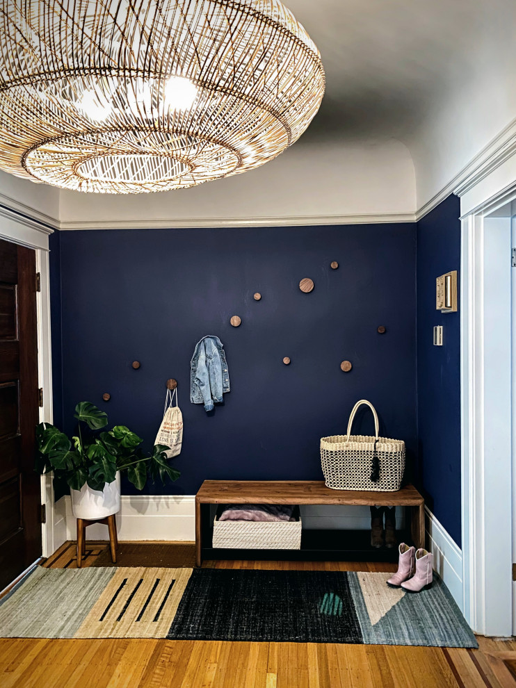Свежая идея для дизайна: фойе среднего размера в стиле неоклассика (современная классика) с синими стенами, паркетным полом среднего тона, одностворчатой входной дверью и входной дверью из темного дерева - отличное фото интерьера