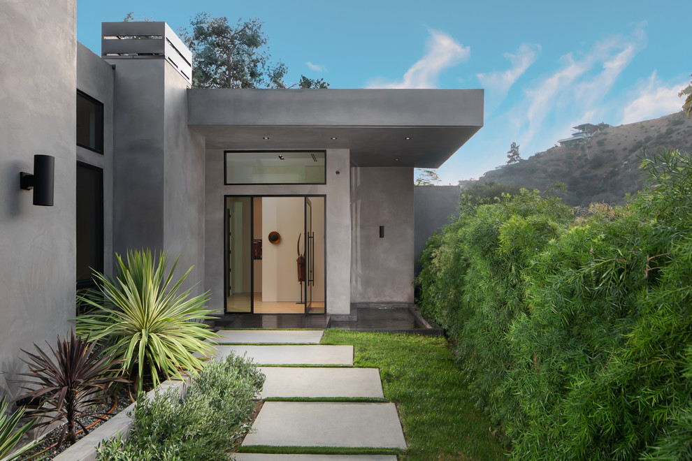 This is an example of a large contemporary front door in Los Angeles with a pivot front door and a glass front door.