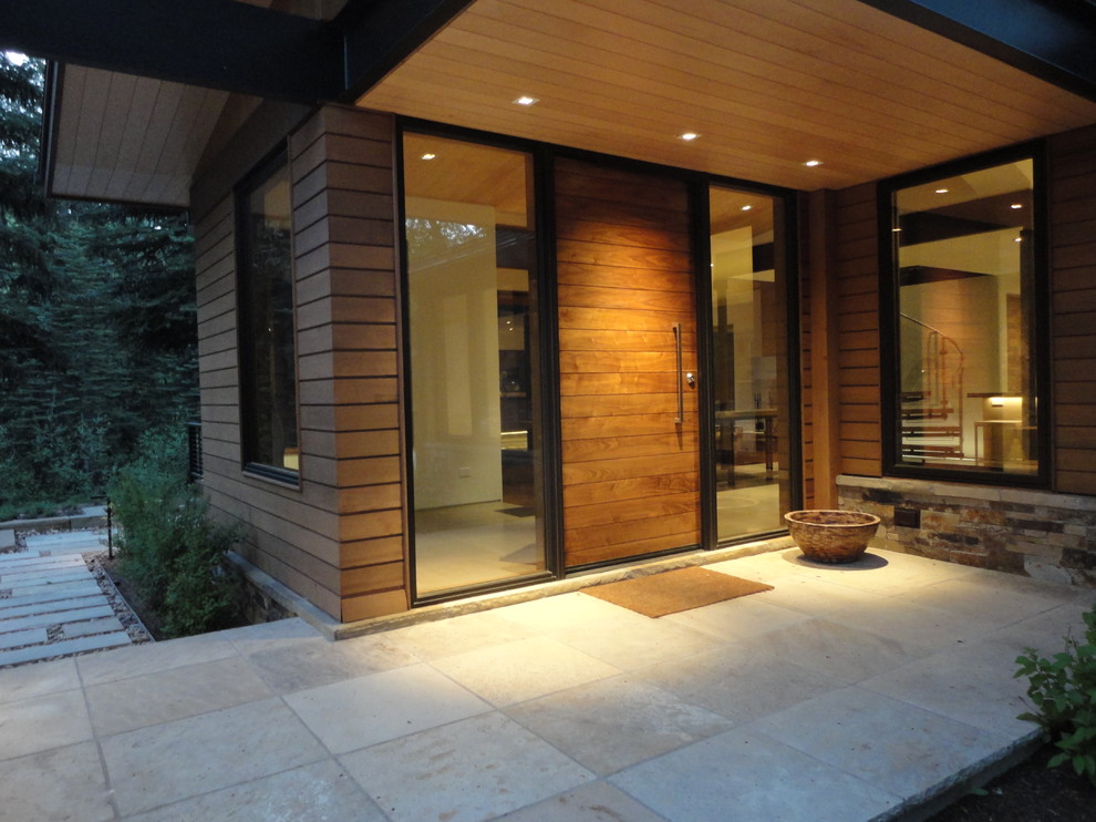 Cette image montre une grande porte d'entrée design avec une porte simple et une porte en bois brun.