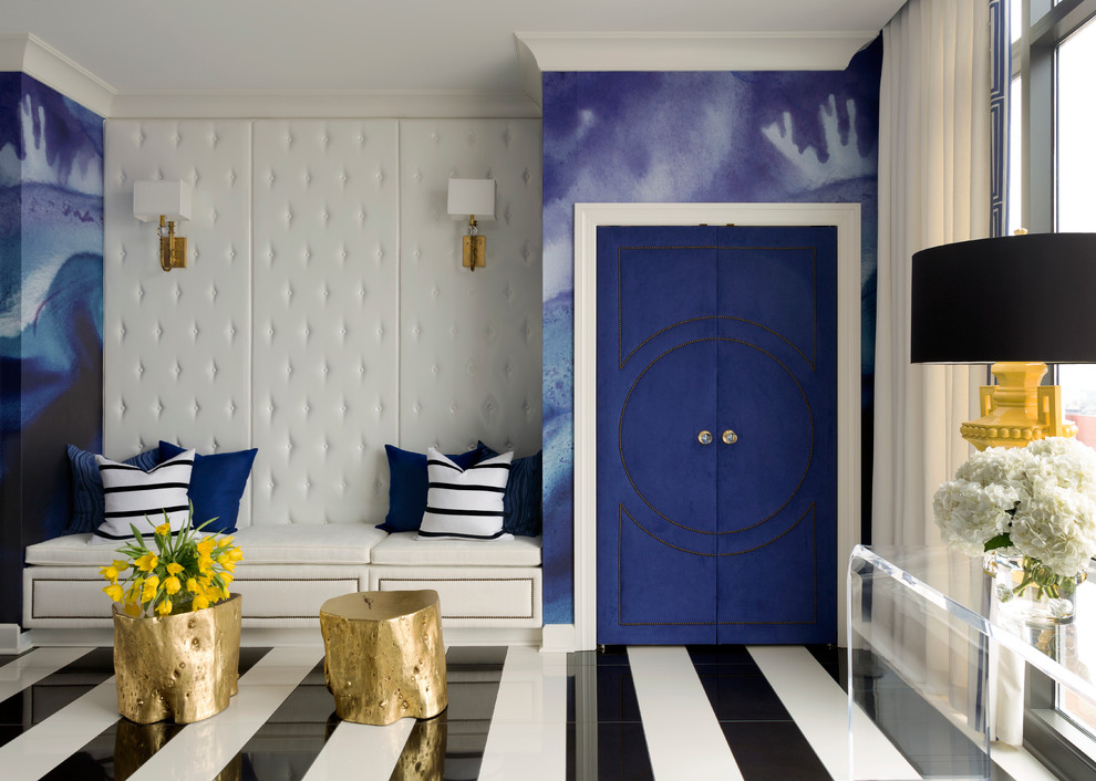 На фото: прихожая среднего размера в современном стиле с синими стенами, мраморным полом, двустворчатой входной дверью и синей входной дверью