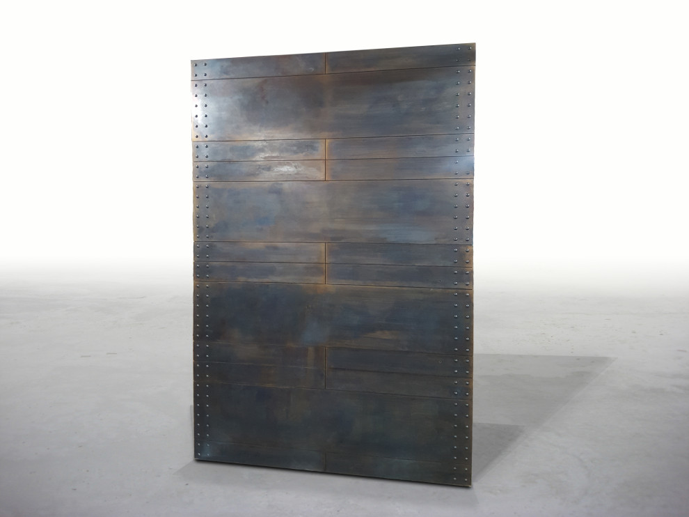 Cette image montre une entrée minimaliste avec une porte simple et une porte métallisée.