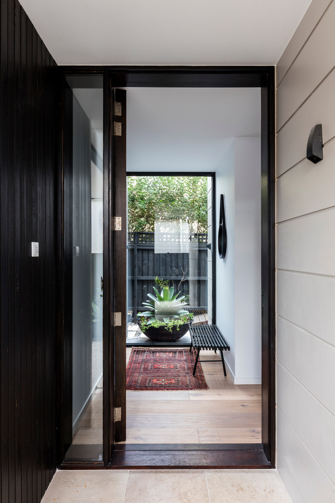Design ideas for a medium sized contemporary foyer in Sydney with white walls, light hardwood flooring, a pivot front door and a dark wood front door.
