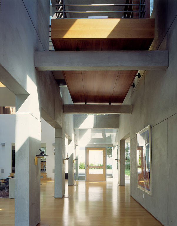 Design ideas for a medium sized modern front door in Los Angeles with grey walls, light hardwood flooring, a single front door, a light wood front door and beige floors.