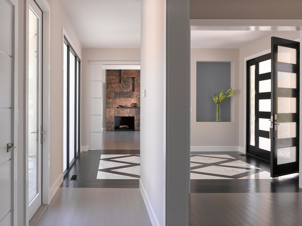 Свежая идея для дизайна: фойе среднего размера в современном стиле с серыми стенами, двустворчатой входной дверью и черной входной дверью - отличное фото интерьера
