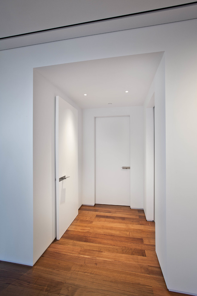 Идея дизайна: узкая прихожая среднего размера в стиле модернизм с белыми стенами, паркетным полом среднего тона, одностворчатой входной дверью, белой входной дверью и коричневым полом