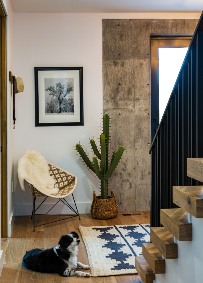 Inspiration för en mellanstor lantlig ingång och ytterdörr, med grå väggar, betonggolv, en tvådelad stalldörr, en svart dörr och grått golv