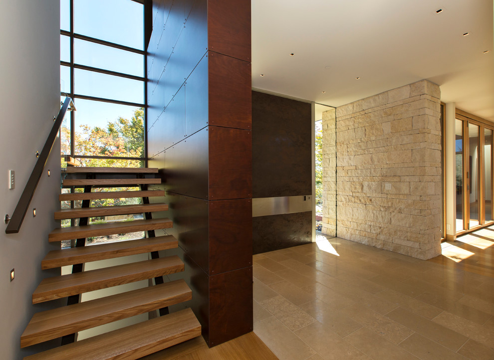 Пример оригинального дизайна: фойе среднего размера в современном стиле с коричневыми стенами, полом из керамической плитки, поворотной входной дверью и синей входной дверью