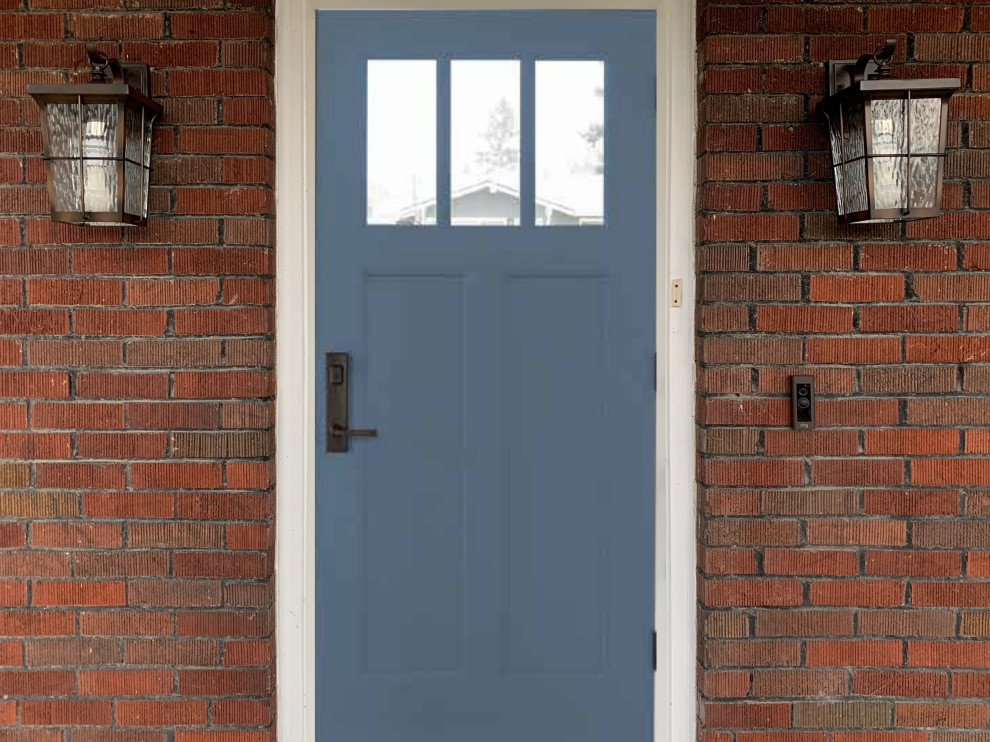 Immagine di una porta d'ingresso american style con pareti rosse, pavimento in cemento, una porta singola, una porta blu, pavimento grigio, soffitto in legno e pareti in legno