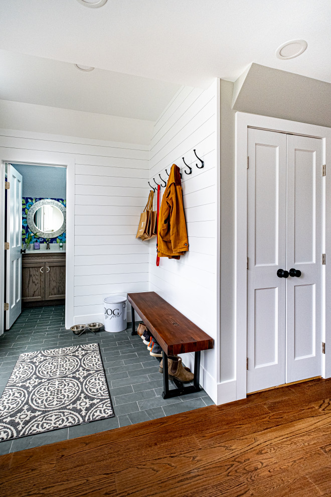 Shiplap Mudroom with Slate Tile Farmhouse Entry Newark by