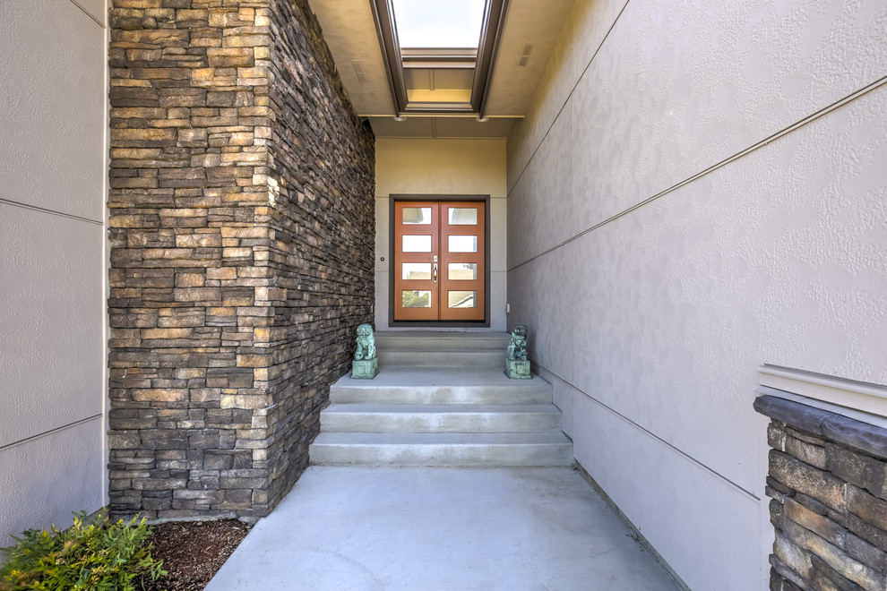 Ispirazione per una porta d'ingresso moderna di medie dimensioni con pavimento in cemento, una porta a due ante, una porta in vetro e pavimento grigio