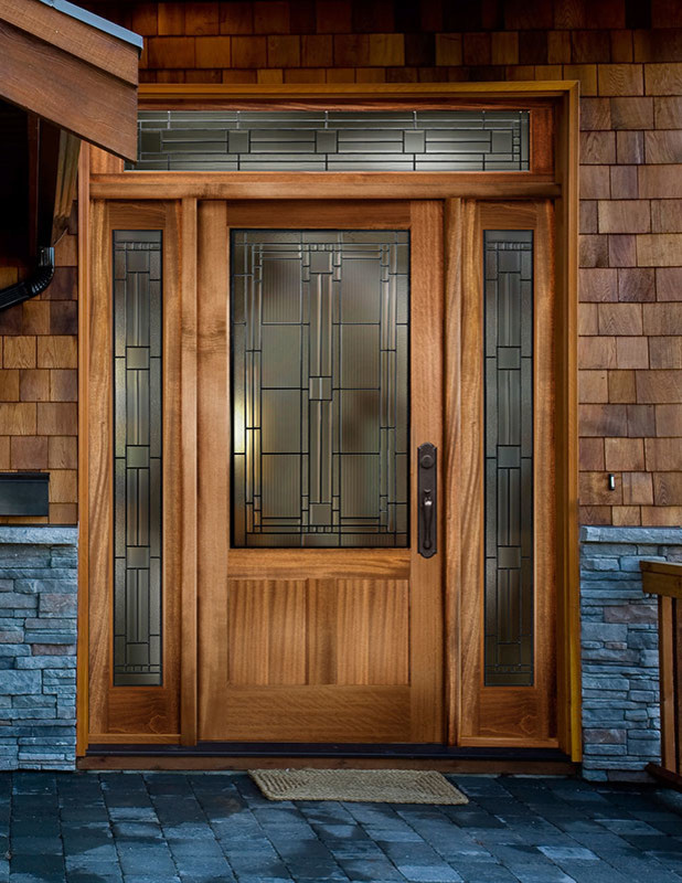 Ispirazione per una porta d'ingresso stile americano con una porta singola e una porta in legno bruno