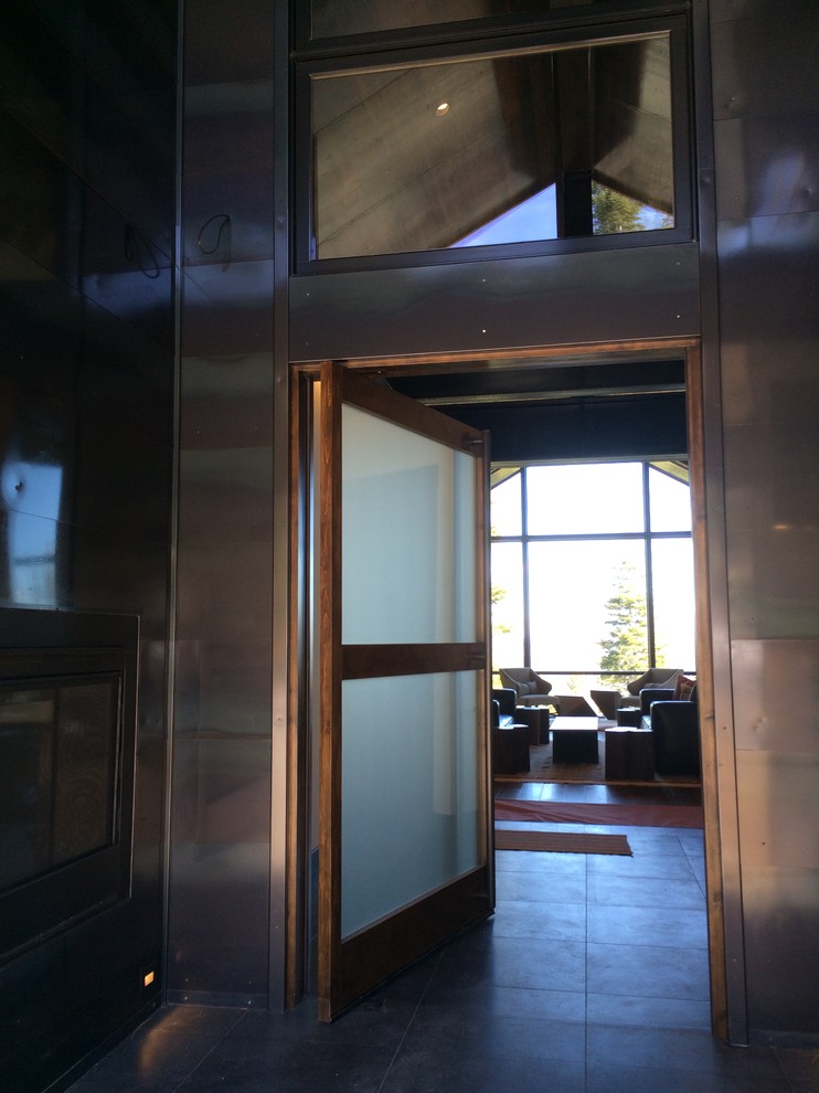 Imagen de puerta principal actual de tamaño medio con suelo de granito, puerta pivotante y puerta de vidrio