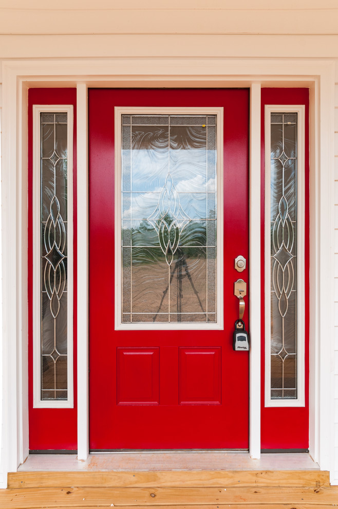 Идея дизайна: входная дверь среднего размера в современном стиле с бежевыми стенами, одностворчатой входной дверью и красной входной дверью