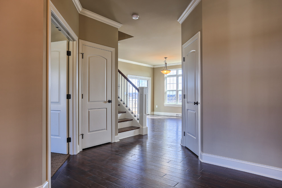 Medium sized traditional foyer in Chicago with beige walls and dark hardwood flooring.