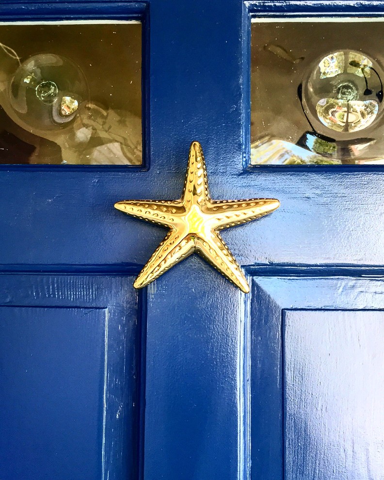 На фото: прихожая в морском стиле с одностворчатой входной дверью и синей входной дверью с