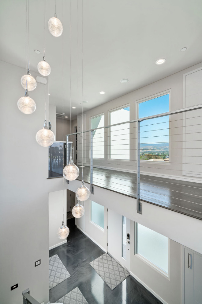 Mittelgroßes Modernes Foyer mit weißer Wandfarbe, Betonboden, Einzeltür, Haustür aus Metall, grauem Boden und gewölbter Decke in San Luis Obispo