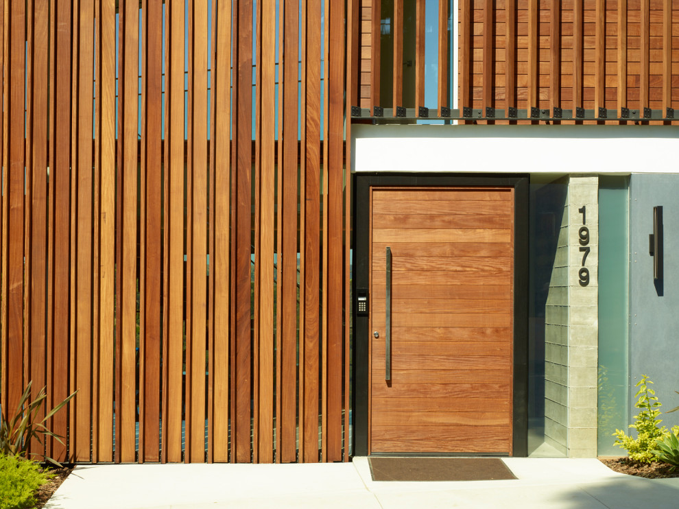 Imagen de puerta principal moderna grande con paredes grises, suelo de cemento, puerta pivotante, puerta de madera en tonos medios y suelo gris