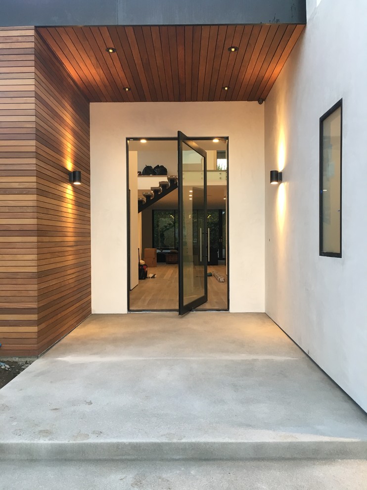 Idee per una grande porta d'ingresso minimalista con pareti grigie, pavimento in cemento, una porta a pivot e una porta in metallo