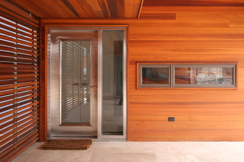 Идея дизайна: прихожая в современном стиле с одностворчатой входной дверью и стеклянной входной дверью