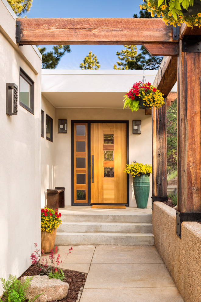 Foto de puerta principal de estilo americano de tamaño medio con paredes blancas, suelo de cemento, puerta simple y puerta de madera clara