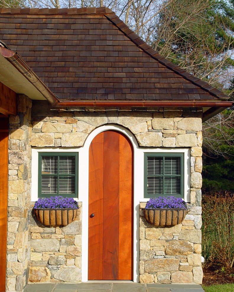 Inspiration for a mid-sized timeless single front door remodel in Other with a medium wood front door