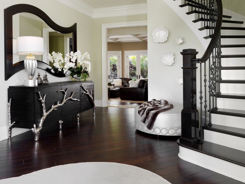 Large contemporary foyer in Tampa with beige walls, dark hardwood flooring and brown floors.