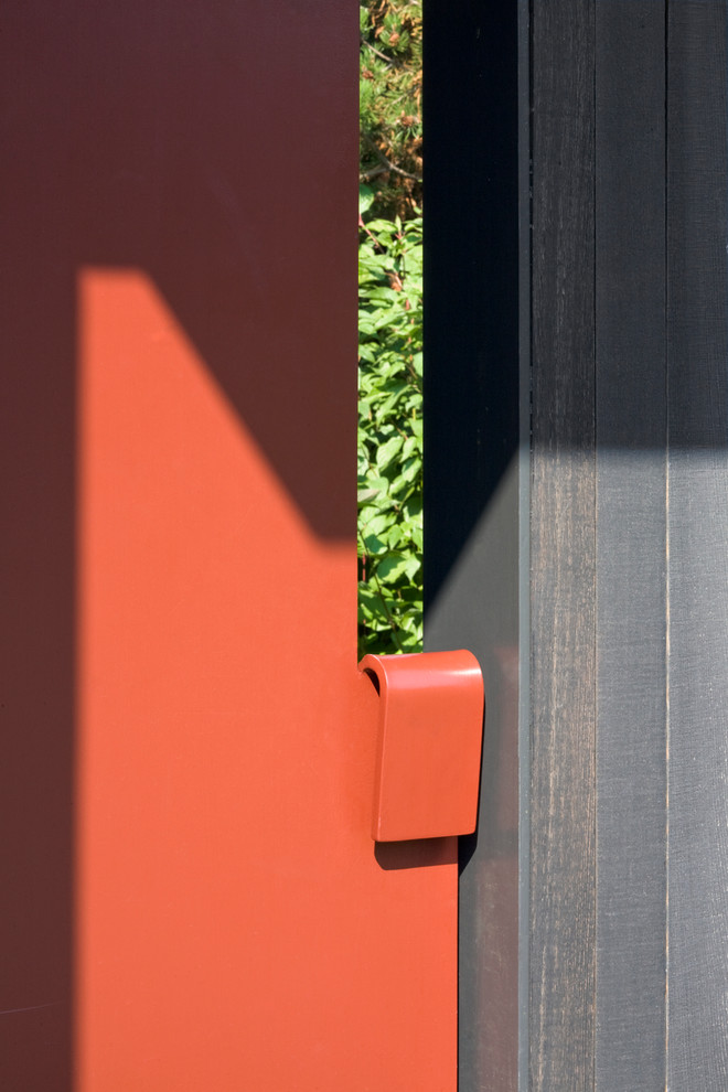 Cette image montre une porte d'entrée minimaliste de taille moyenne avec une porte pivot et une porte rouge.