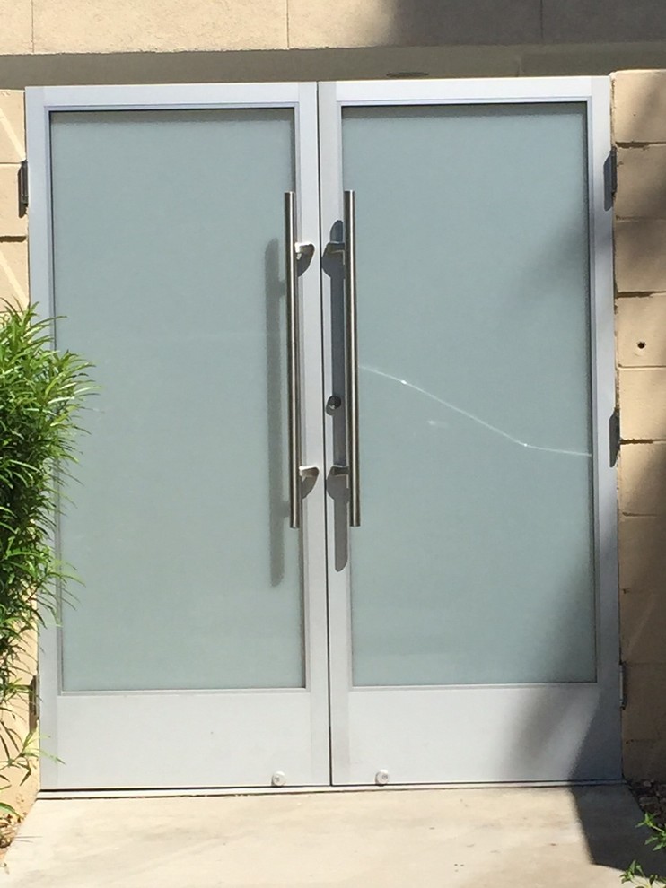 Immagine di un grande ingresso o corridoio moderno con una porta a due ante e una porta in vetro