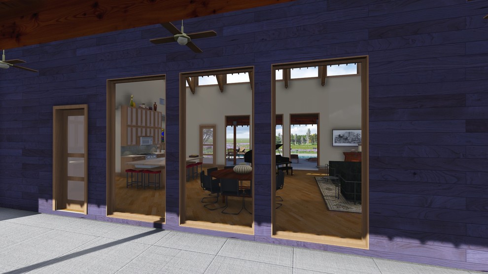 Свежая идея для дизайна: входная дверь среднего размера в стиле фьюжн с фиолетовыми стенами, бетонным полом, одностворчатой входной дверью и входной дверью из светлого дерева - отличное фото интерьера