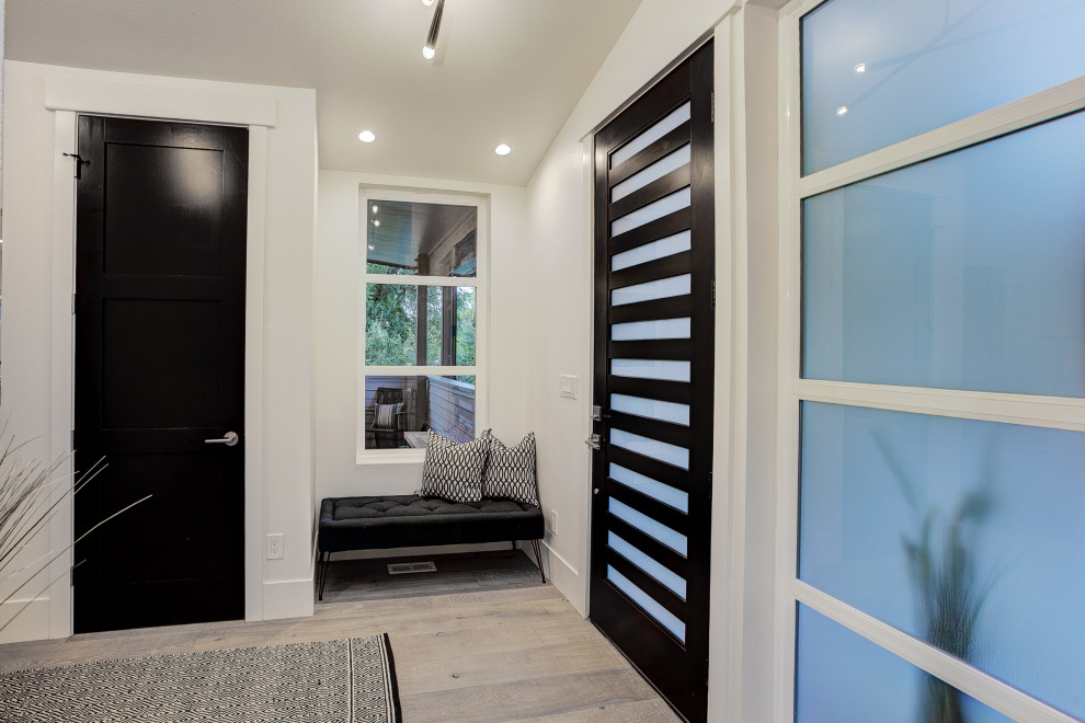 Пример оригинального дизайна: фойе в стиле модернизм с белыми стенами, светлым паркетным полом, одностворчатой входной дверью, черной входной дверью и синим полом